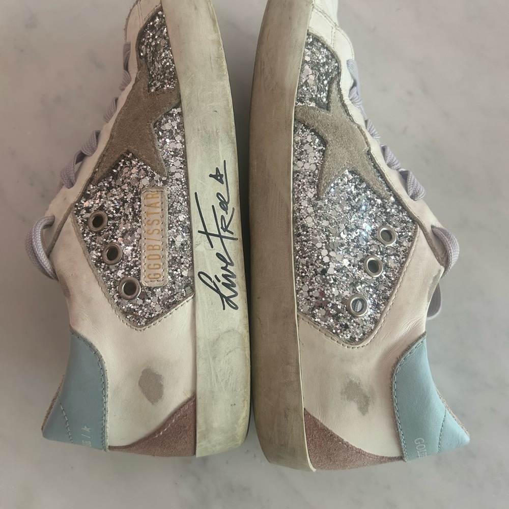 Golden Goose Superstar 36 - white, silver glitter, aquamarine, pink, and ice.